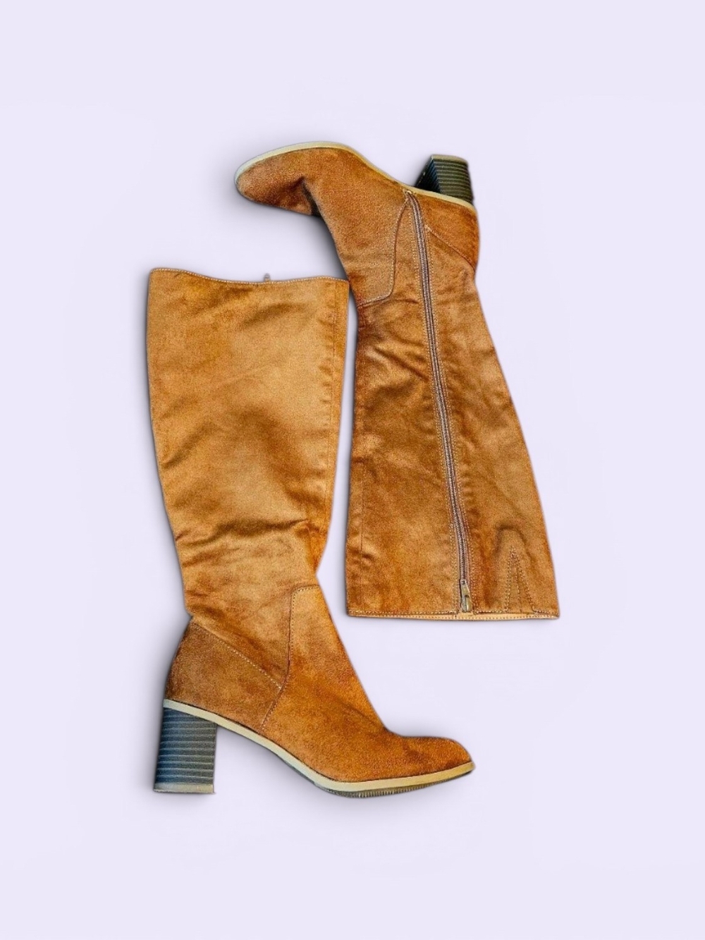 Women's Camel Suede -Knee High Block Heel Boots